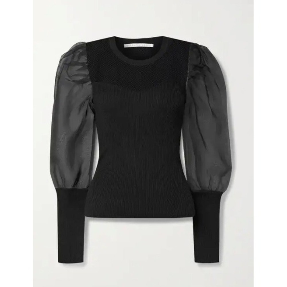 Veronica Beard Leila Ribbed Merino Wool Sweater Silk Organza Sleeves Black Mediu